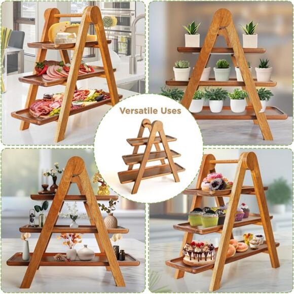 3 Tier Wooden Serving Tray, Set of 2 Tongs Free, Tiered Serving Trays & Platters - Picture 6 of 8